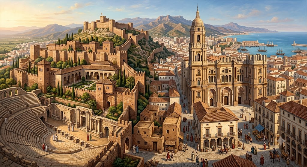 Ilustración de la evolución histórica de Málaga