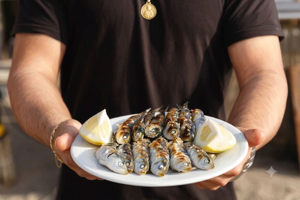Ilustración de unos espetos de sardinas en Málaga