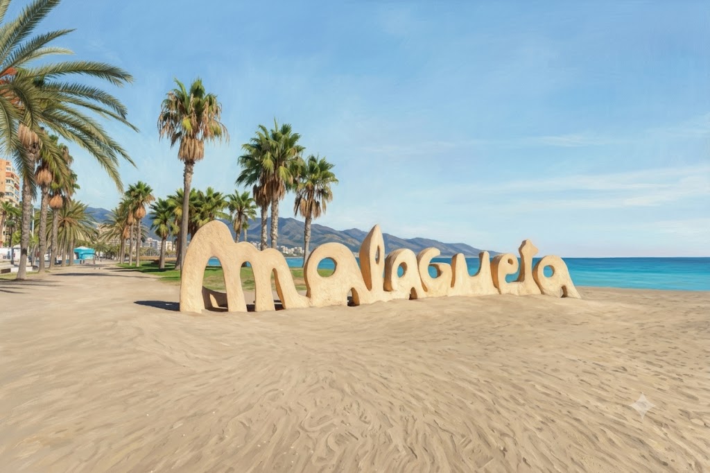 Ilustración de la playa de la Malagueta en Málaga