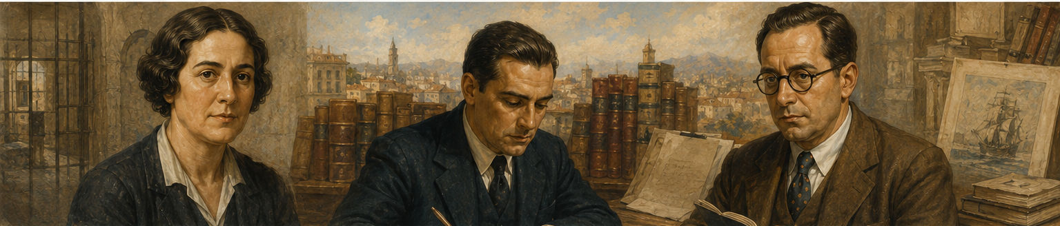 Ilustración de Victoria Kent, Emilio Prados y Manuel Altolaguirre